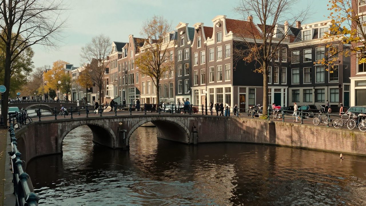 Amsterdamse gracht met bruggen en fietsen in herfstlicht nabij De Pijp.