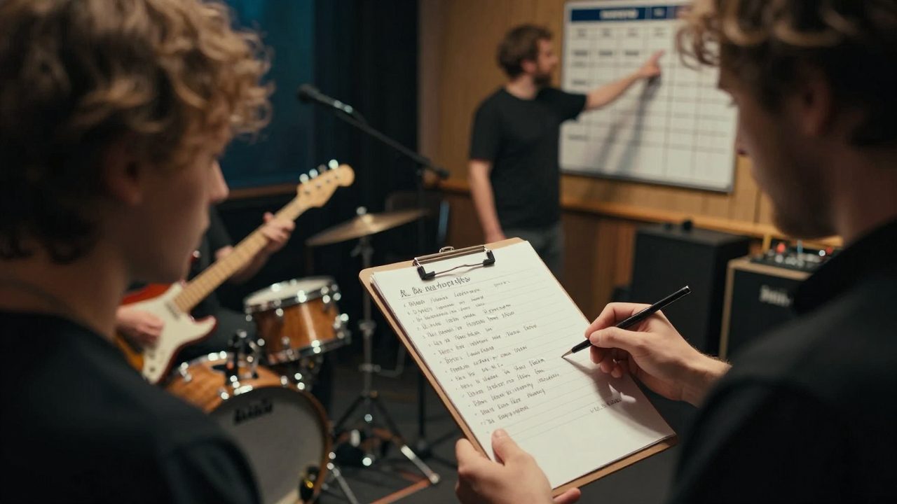 Band bespreekt setlist en planning in live room met instrumenten.