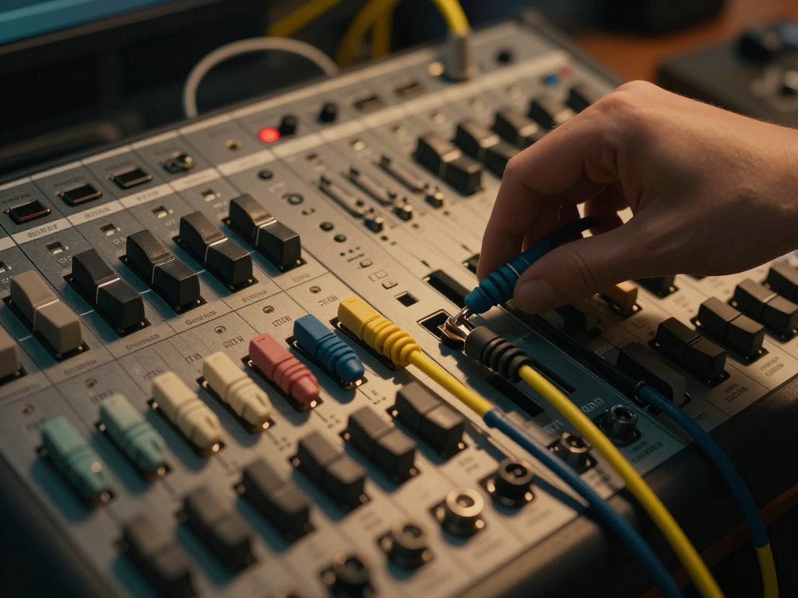 Patchbay met gekleurde kabels terwijl engineer een jack plaatst.