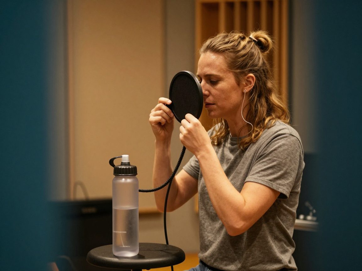 Handen van zanger die popfilter en water voorbereiden in cabine.