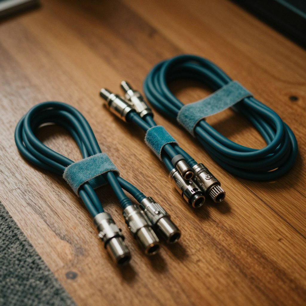 Opgewikkelde XLR-kabels met klittenband op houten vloer in studio.