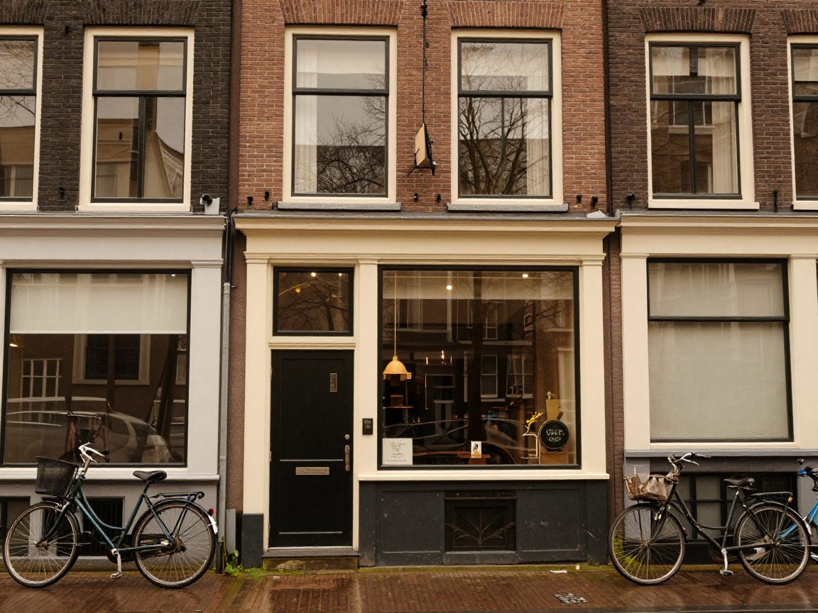 Straatgevel met studio-ingang in Amsterdamse woonwijk De Pijp.