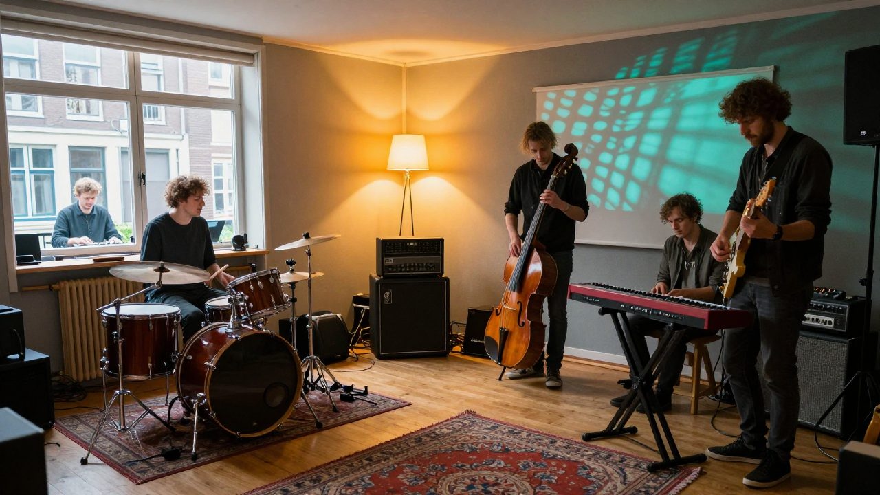 Band speelt live in studio met drums, gitaar en toetsen in warm licht.