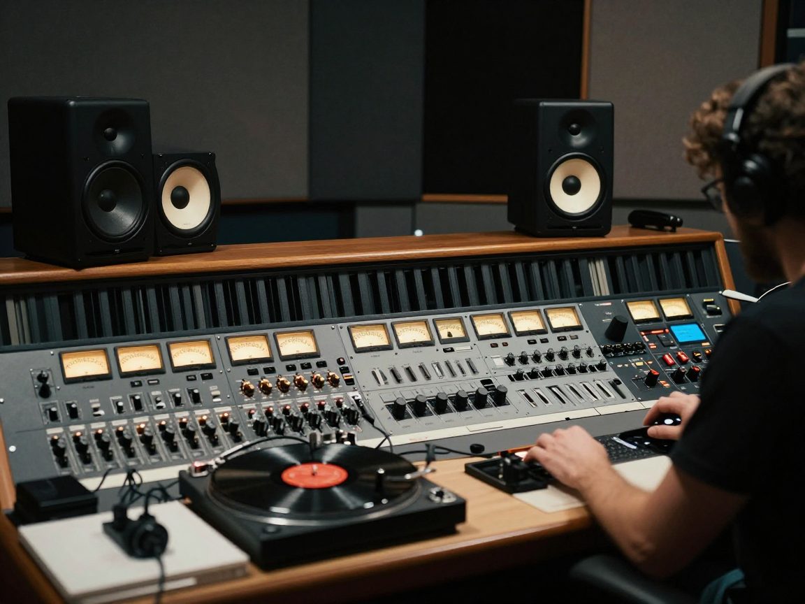 Mastering engineer tussen full-range monitors en outboard in studio.