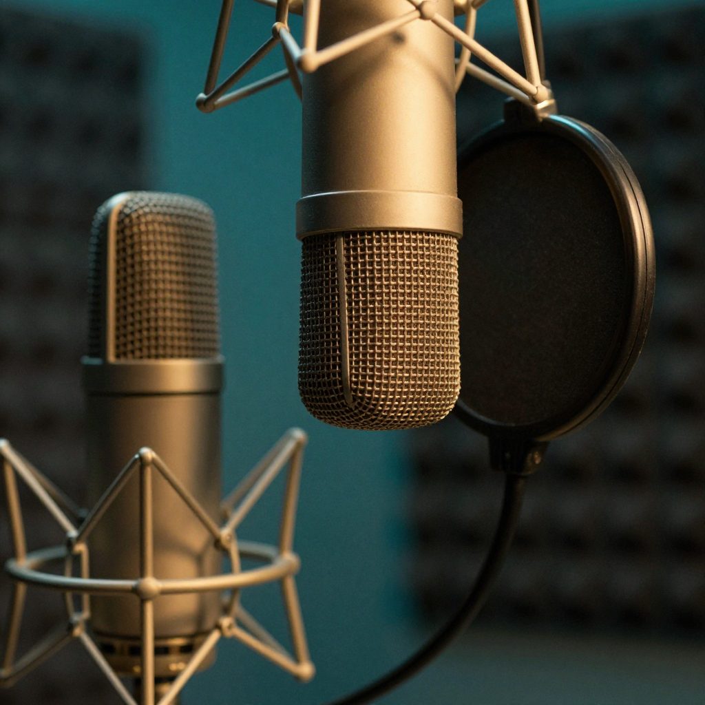 Close-up van condensatormicrofoon op shockmount in vocal booth.