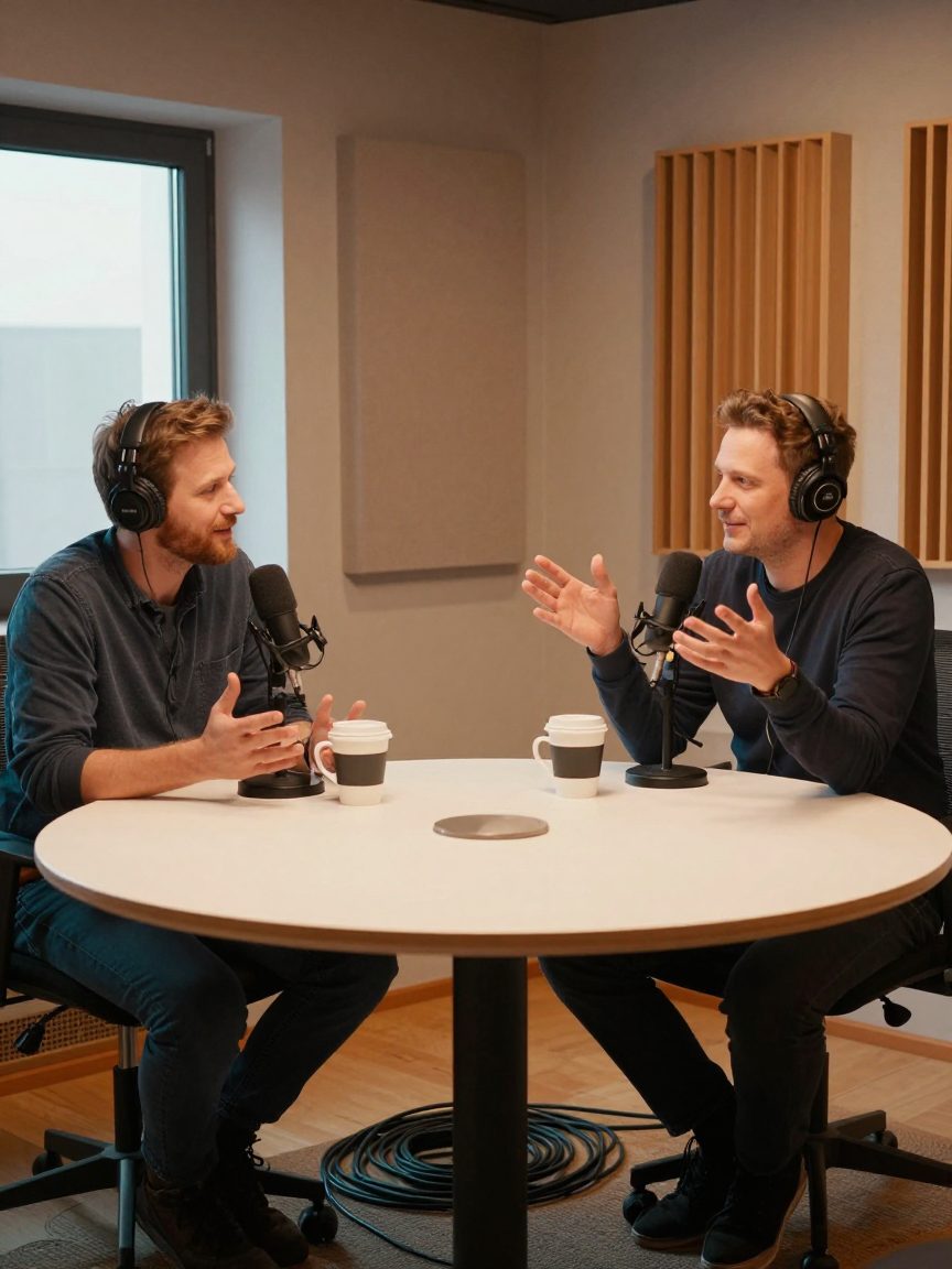 Twee podcastmakers met koptelefoons aan tafel met microfoons in studio.