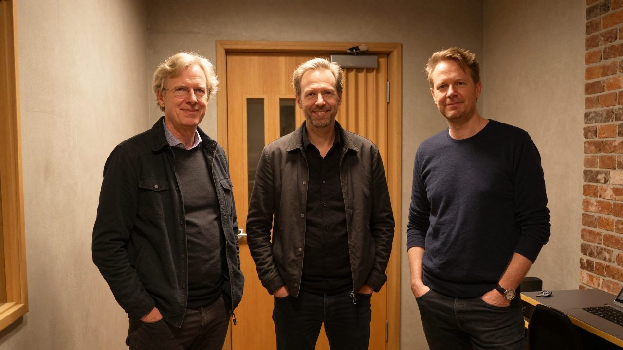 Drie teamleden van de studio in gang met akoestische deuren.