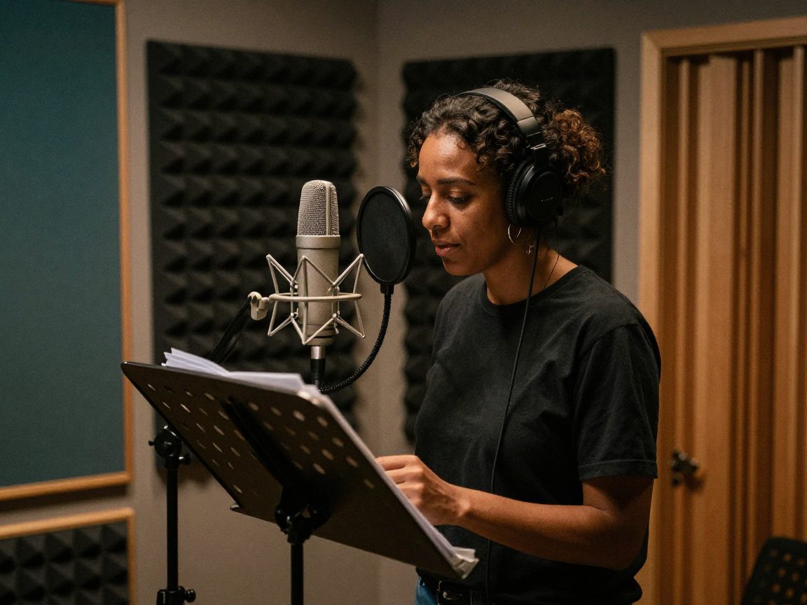 Vocalist in geïsoleerde cabine met grootmembraanmicrofoon en zacht licht.